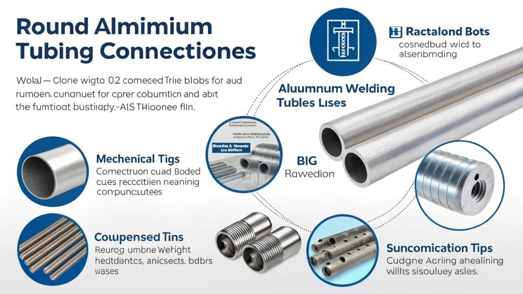 alt text: Image collage showing different methods of connecting aluminum tubes: a welded joint, a bolted connection, a compression fitting, and a specialized clamp connector